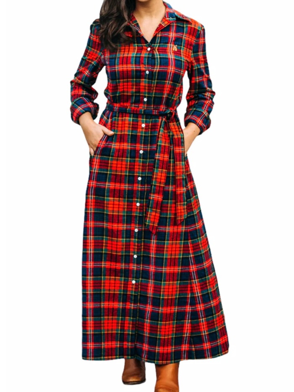 NWT Kiel James Patrick Red & Green Plaid Button-Front Maxi Dress